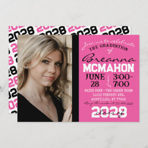 Pink, Black & White Graduation Photo Invitation