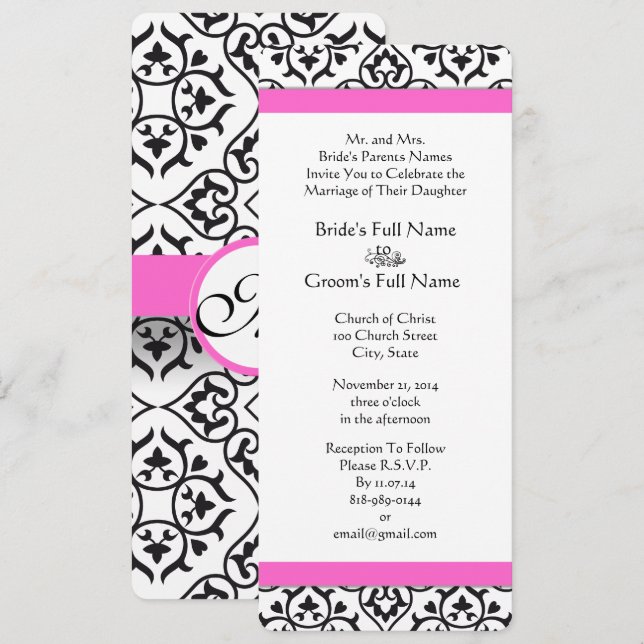 Pink Black White Heart Mariage damassé Invitation (Devant / Derrière)