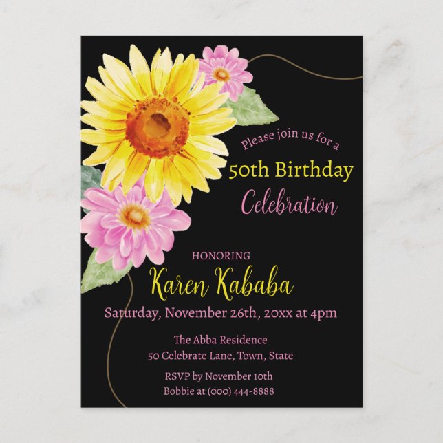 Pink Black Yellow Sonnenblume Moderne Blume Geburt Postkarte (Vorderseite)
