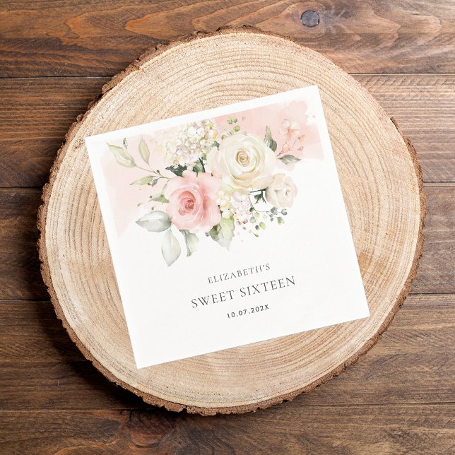 Pink Bläsersüß 16 Geburtstagsparty Papier Serviette (Pink Floral Sweet 16th Birthday Typography Paper Napkin)