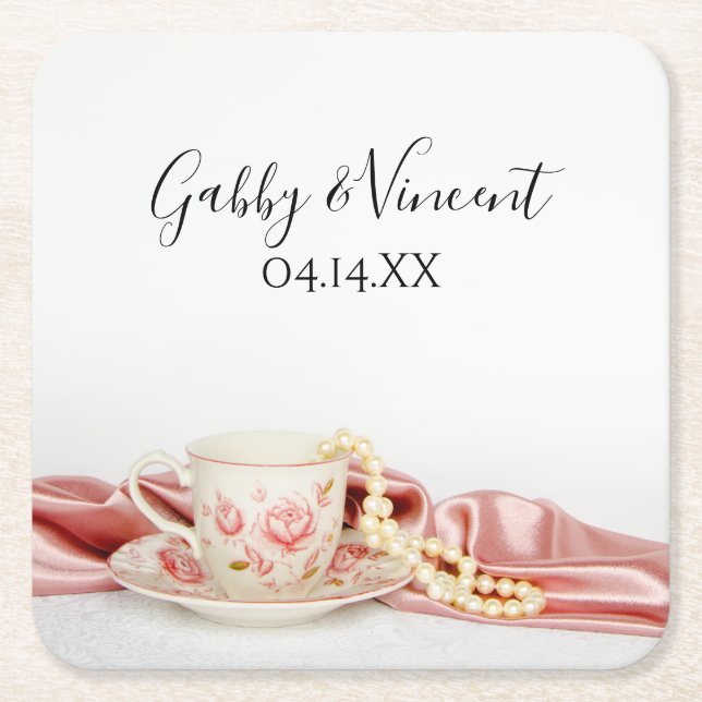 Pink-Bläserteppich-Cup mit Perlenhochzeit Rechteckiger Pappuntersetzer (Vorderseite)