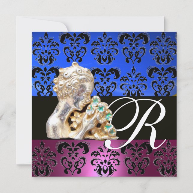 PINK, BLAU, SCHWARZ, LILA, DAMASK JEWEL MONOGRAMM EINLADUNG (Vorderseite)
