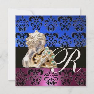 PINK, BLAU, SCHWARZ, LILA, DAMASK JEWEL MONOGRAMM EINLADUNG