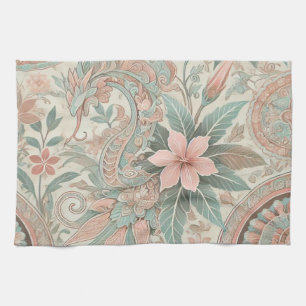 Pink Blauer Indonesischer Batik Blumen Boho Rustik Geschirrtuch