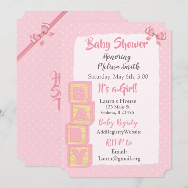 Pink Blocks and Bows Baby Girl Shower Einladung (Vorne/Hinten)