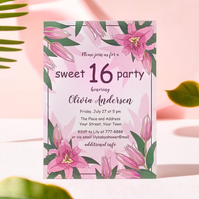 Pink Blooming Lilies 16 . Geburtstag Party Einladung (Pink Blooming Lilies Sweet Sixteen Party Invitation)