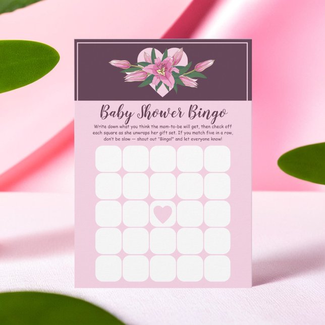 Pink Blooming Lily Baby Shower Bingo Game Card Einladung (Pink Blooming Lily Baby Shower Bingo Game Card)