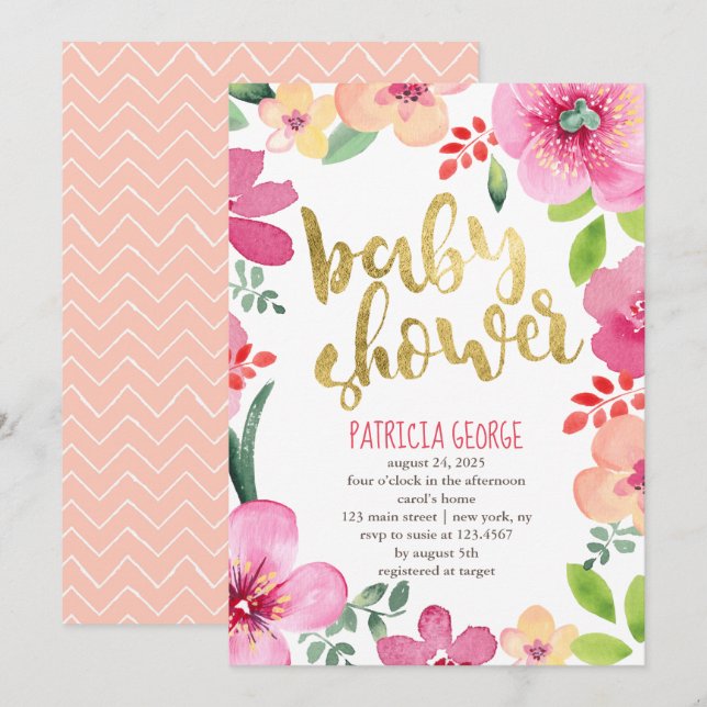 Pink Blooms Baby Dusche Party Einladung (Vorne/Hinten)