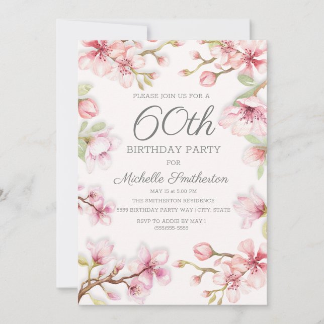 Pink Blooms Green Blätter Frauen's 60. Geburtstag Einladung (Vorderseite)