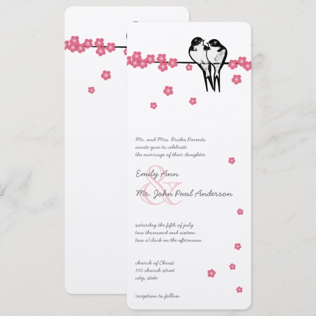 Pink Blossom Bezauberter Wald Chickadee Hochzeit Einladung (Vorne/Hinten)