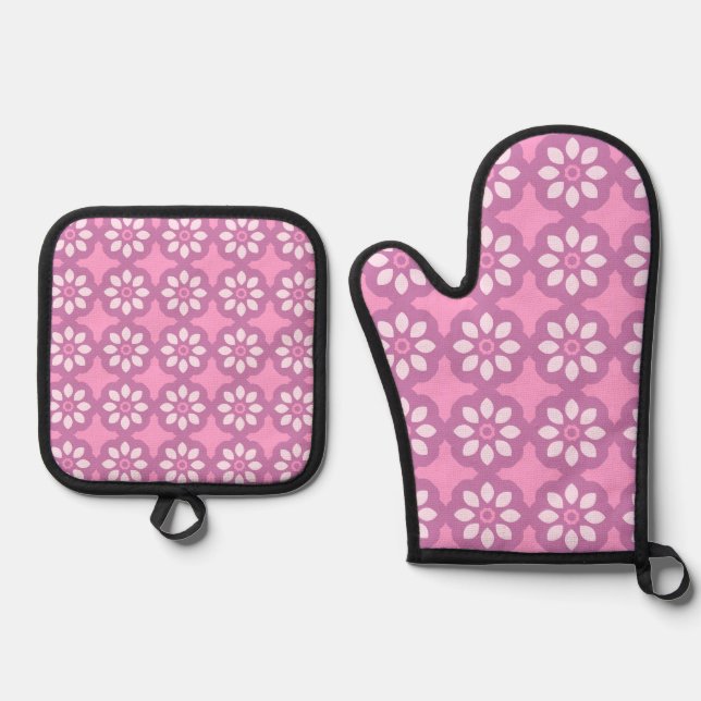 Pink Blossom Retro Tile Pattern Ofenhandschuh & Topflappen-Set (Vorderseite)