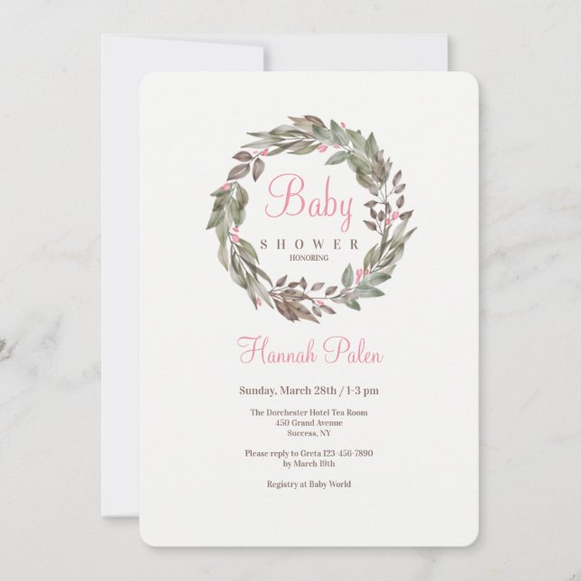 Pink Blossom Wreath Babydusche Einladung (Vorderseite)