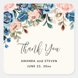 Pink & Blue Aquarell Blume Hochzeit Vielen Dank Quadratischer Aufkleber