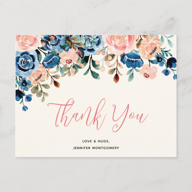 Pink & Blue Aquarell Blume Vielen Dank Postkarte (Vorderseite)