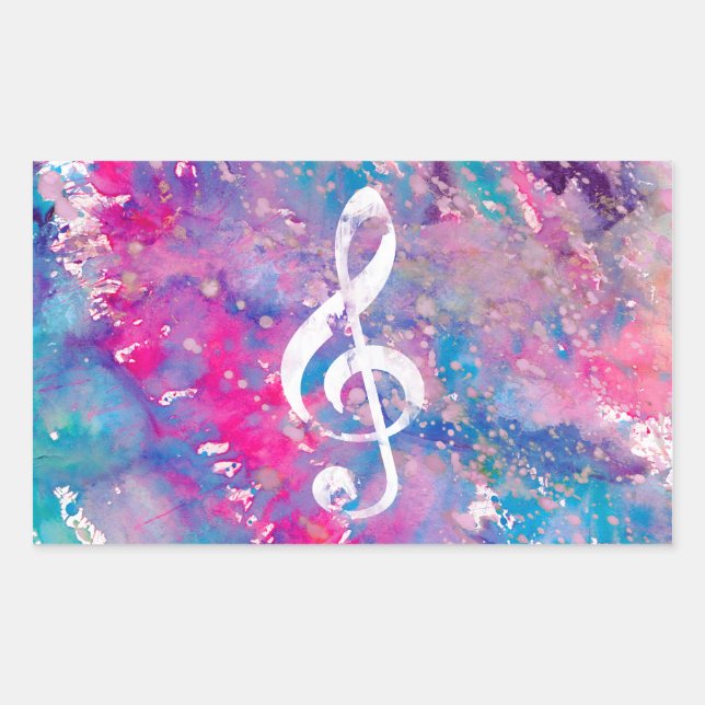 Pink Blue Aquarellfarben Musiknote Treble Clef Rechteckiger Aufkleber (Vorderseite)
