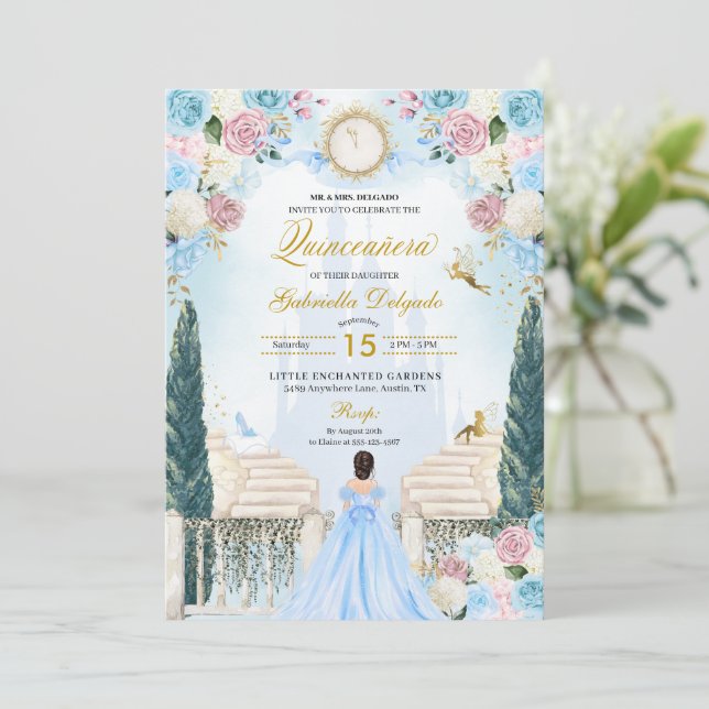 Pink & Blue Aschenputella Princess Fairy Quinceane Einladung (Stehend Vorderseite)