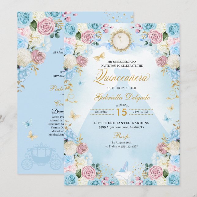 Pink & Blue Aschenputtel Princess Dress Quinceaner Einladung (Vorne/Hinten)