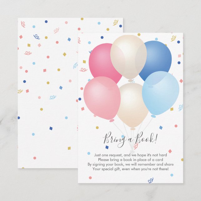 Pink Blue Balloons & Confetti Buchen Begleitkarte (Vorne/Hinten)
