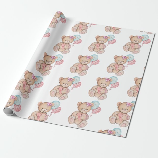 Pink & Blue Balloons & Teddy Bear Baby Girl Geschenkpapier (Ungerollt)