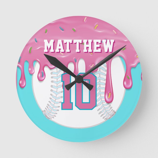 Pink & Blue Baseball Drip Runde Wanduhr (Vorderseite)