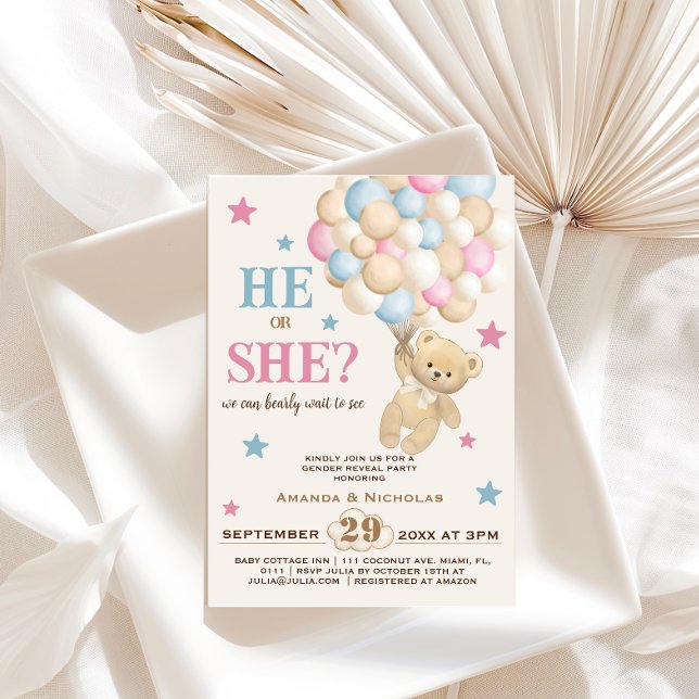 Pink Blue Beige Bärenballon & Stars Gender Reveal Einladung (Von Creator hochgeladen)