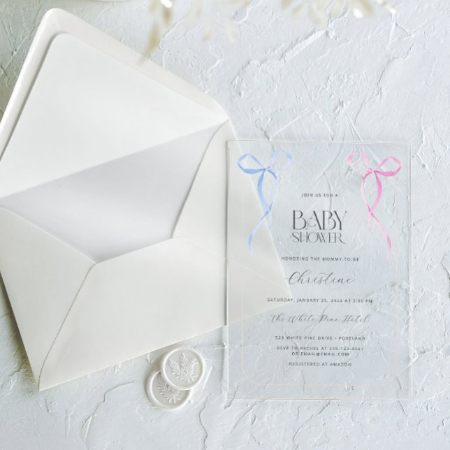 Pink Blue Bow Gender Neutral Baby Dusche Acryleinladungen (Von Creator hochgeladen)