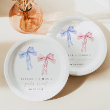 Pink Blue Bow Gender Reveal Paper Plate Coquette