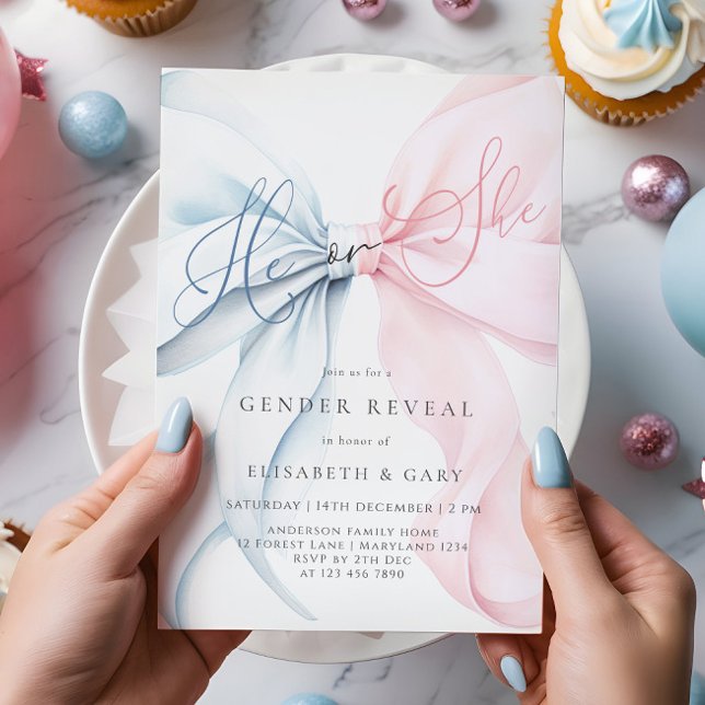 Pink & Blue Bows Gender Reveal Invitation Einladung (Von Creator hochgeladen)