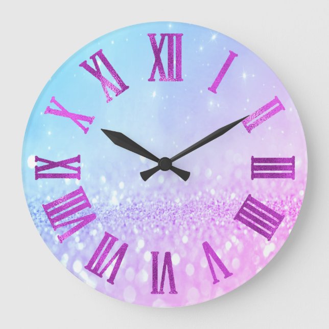 Pink Blue Bright Glitter Metallic Roman Numers Große Wanduhr (Vorderseite)
