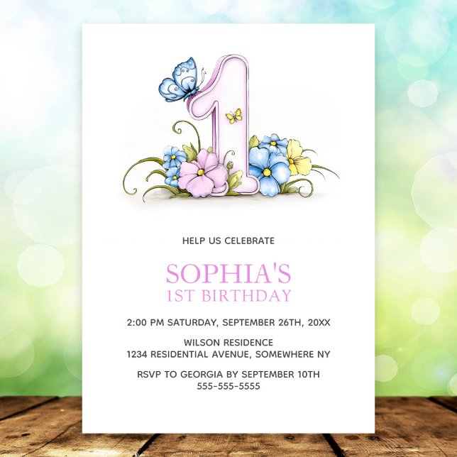 Pink Blue Butterfly Flowers 1st Birthday Party Einladung (Von Creator hochgeladen)