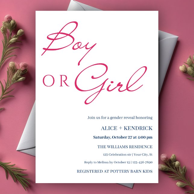 Pink Blue Calligraphy Boy or Girl Gender Reveal Einladung (Von Creator hochgeladen)