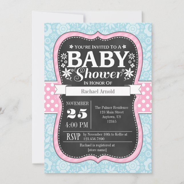 Pink Blue Chalkboard Floral Baby Dusche laden ein Einladung (Vorderseite)