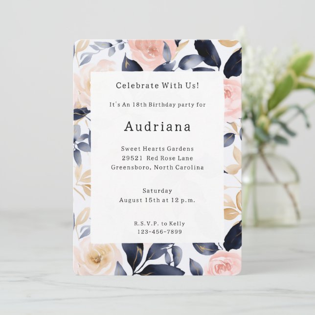 Pink Blue Chic Blume Geburtstag Einladung (Stehend Vorderseite)