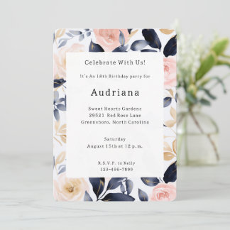 Pink Blue Chic Blume Geburtstag Einladung