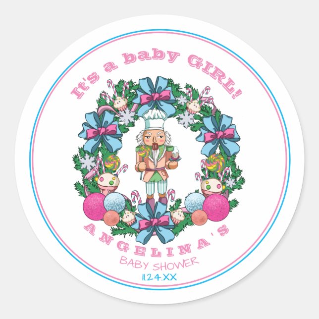 Pink Blue Christmas Nutcracker Wreath Baby Dusche Runder Aufkleber (Vorderseite)