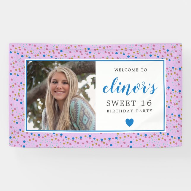 Pink Blue Confetti Foto Sweet 16 Willkommen Banner (Horizontal)