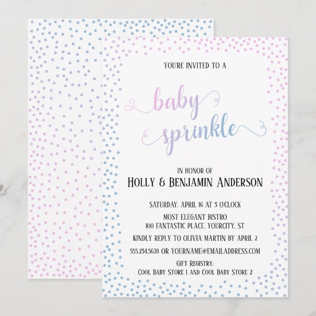 Pink Blue Confetti Typografy Baby Sprinkle Einladung (Vorne/Hinten)