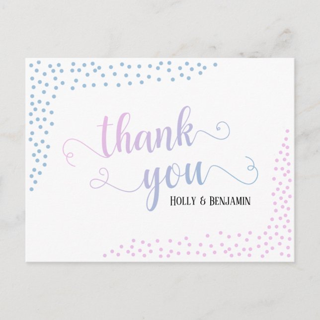 Pink Blue Confetti Typografy Baby Vielen Dank Postkarte (Vorderseite)