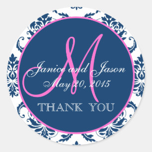Pink, Blue Damask Hochzeitsfavorit Danke Runder Aufkleber