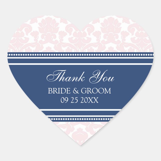 Pink Blue Damask Vielen Dank Gastgeschenk Hochzeit Herz-Aufkleber (Vorderseite)