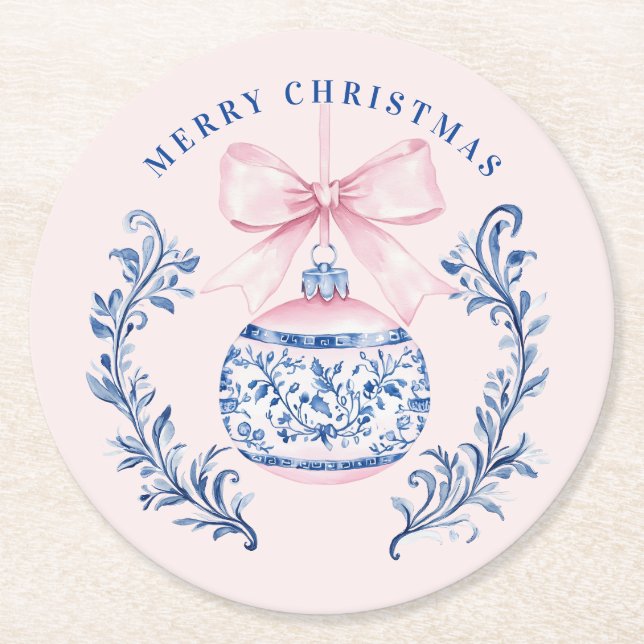 Pink & Blue Damask Wappen Weihnachtsschmuck Runder Pappuntersetzer (Vorderseite)