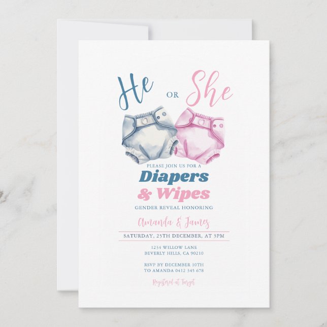 Pink Blue Diapers and Wipes Gender Reveal Gingham Einladung (Vorderseite)