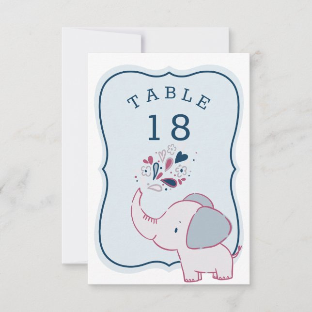 Pink & Blue Elephant Baby Dusche Tischnummer Card (Vorderseite)