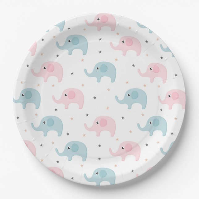Pink Blue Elephants Baby Girl Boy Baby Dusche Pappteller (Vorderseite)