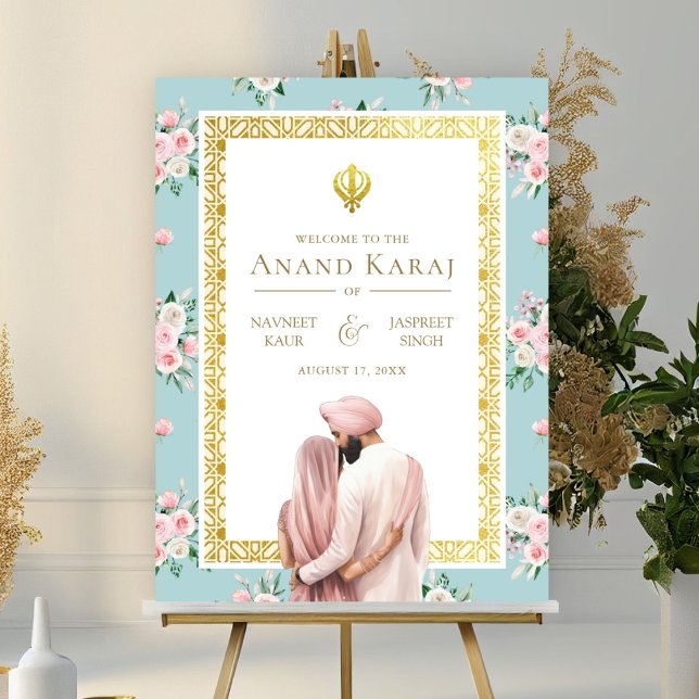 Pink Blue Floral Anand Karaj Affiche de bienvenue  (Créateur téléchargé)
