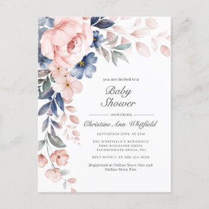 Pink Blue Floral Baby Dusche Einladung Postkarte