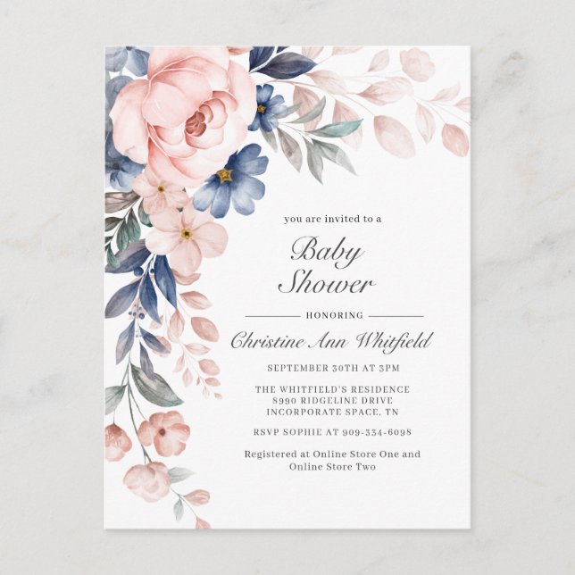 Pink Blue Floral Baby Dusche Einladung Postkarte (Vorderseite)