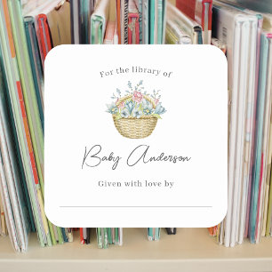 Pink Blue Floral Basket Baby Dusche Buchzeichen Quadratischer Aufkleber