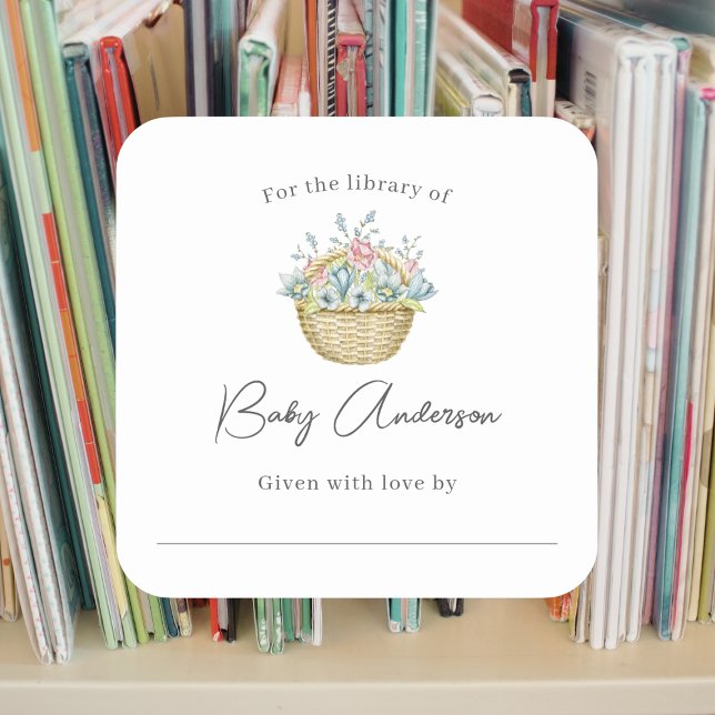 Pink Blue Floral Basket Baby Dusche Buchzeichen Quadratischer Aufkleber (Von Creator hochgeladen)