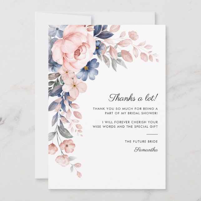 Pink Blue Floral Bloom Script Brautparty Dankeskarte (Vorderseite)